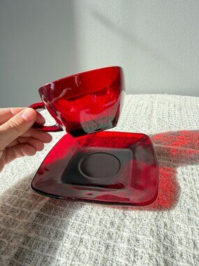 Vintage Anchor Hocking Fire-King Charm Ruby Red Square Cup & Saucer